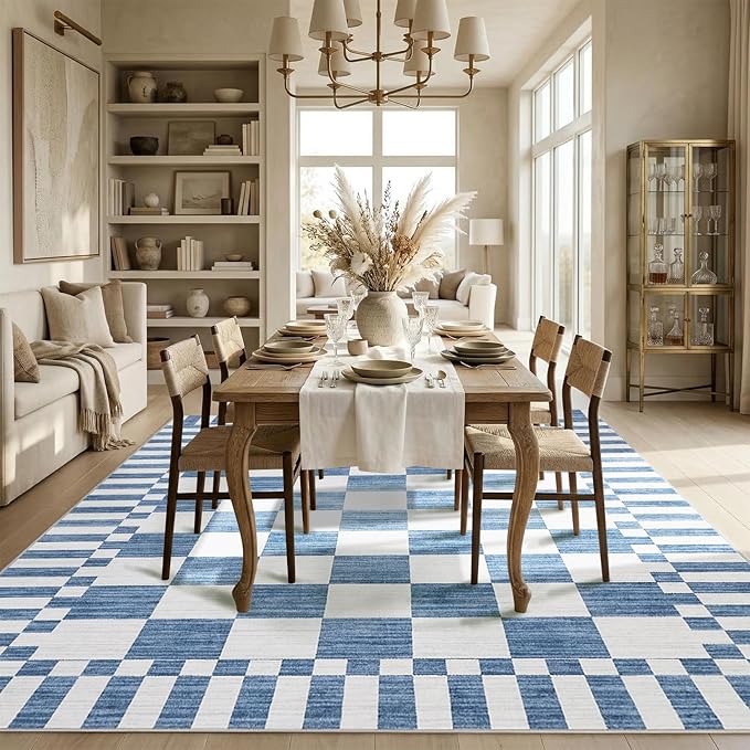 GarveeHome 8×10 Area Rugs for Living Room,Dark Blue Checkered Rug，Modern Non-Slip Washable Farmhouse Geometric Checkerboard Rugs for Bedroom Dining Room Office