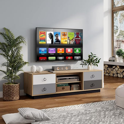 Tangkula Modern TV Stand for up to 60” TVs, 55”L Minimalist Entertainment Center w/ 2 Doors & Open Shelves, 2 Cable Holes, Media Console Table Storage Cabinet for Living Room (Natural, 55”L)