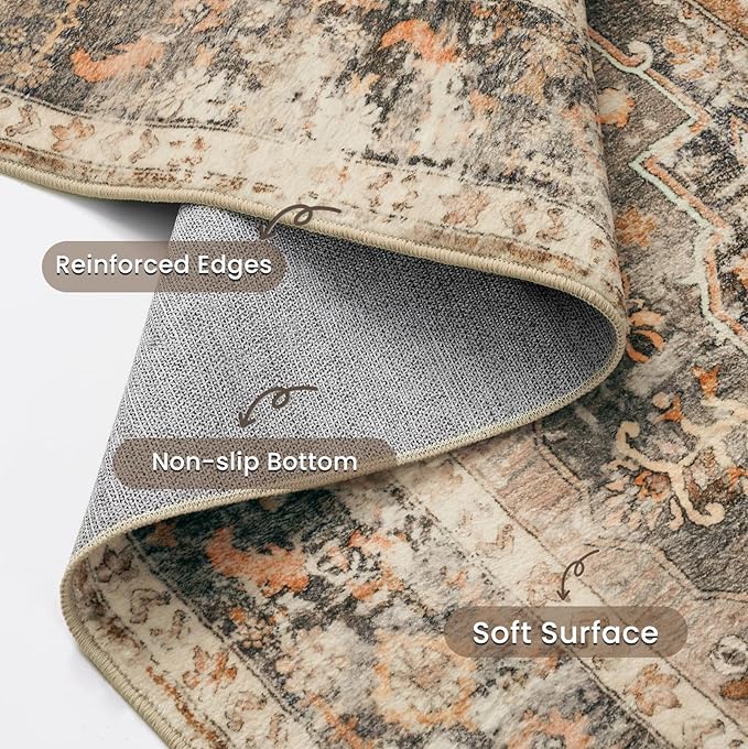 YOH Boho Washable Rug 9x12, Terracotta Vintage Non Slip Area Rug, Distressed Indoor Carpet for Living Room Bedroom Kitchen Office