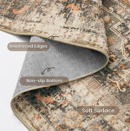 YOH Boho Washable Rug 5x7, Terracotta Vintage Non Slip Area Rug, Distressed Indoor Carpet for Living Room Bedroom Kitchen Office