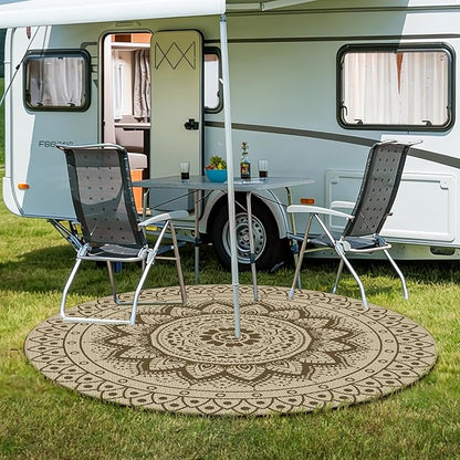 Easy Jute Outdoor Round Rug, 6ft Washable Indoor Outdoor Patio Rug, Brown Non Slip Round Area Rug Farmhouse, Boho Carpet for Backyard Patio