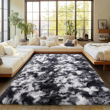 Fluffy Rug for Living Room Shaggy Area Rug High Pile Fuzzy Rug Non-Slip Indoor Floor Carpet Plush Area Rugs for Living Room Tie Dye Black White 6x9
