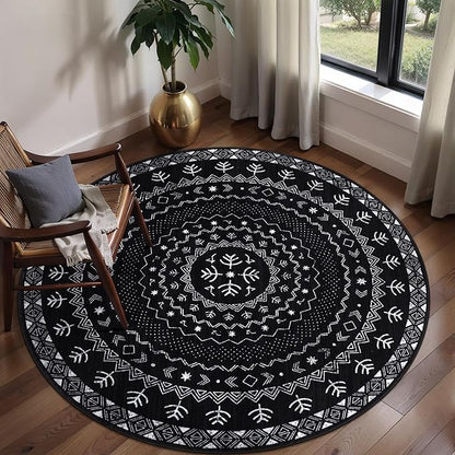 SERISSA Round Area Rug, 4ft Washable Non-Slip Black and White Boho Circle Rug, Soft Low-Pile Geometric Indoor Small Circular Carpet for Bedroom Entryway Living Room Dining Room