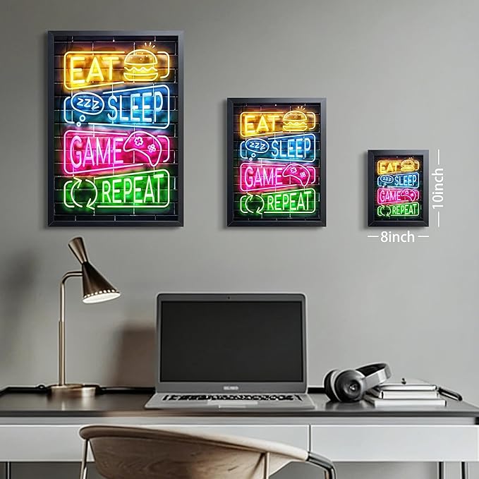 Eat Sleep Game Repeat Neon Wall Art, Framed Canvas Print Painting, Colorful Gamer LED Style Poster with Controller Burger Design, Cool Gaming Room Wall Decor for Boys Teens Bedroom Playroom 8x10 Inch