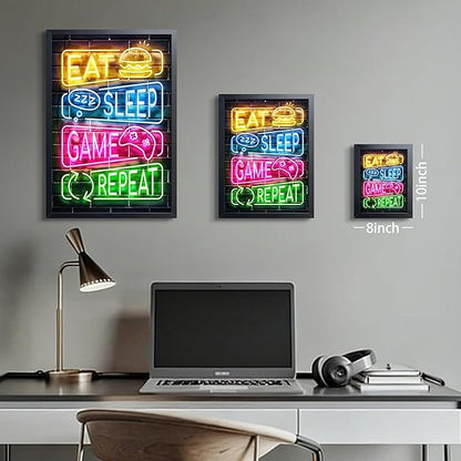 Eat Sleep Game Repeat Neon Wall Art, Framed Canvas Print Painting, Colorful Gamer LED Style Poster with Controller Burger Design, Cool Gaming Room Wall Decor for Boys Teens Bedroom Playroom 8x10 Inch
