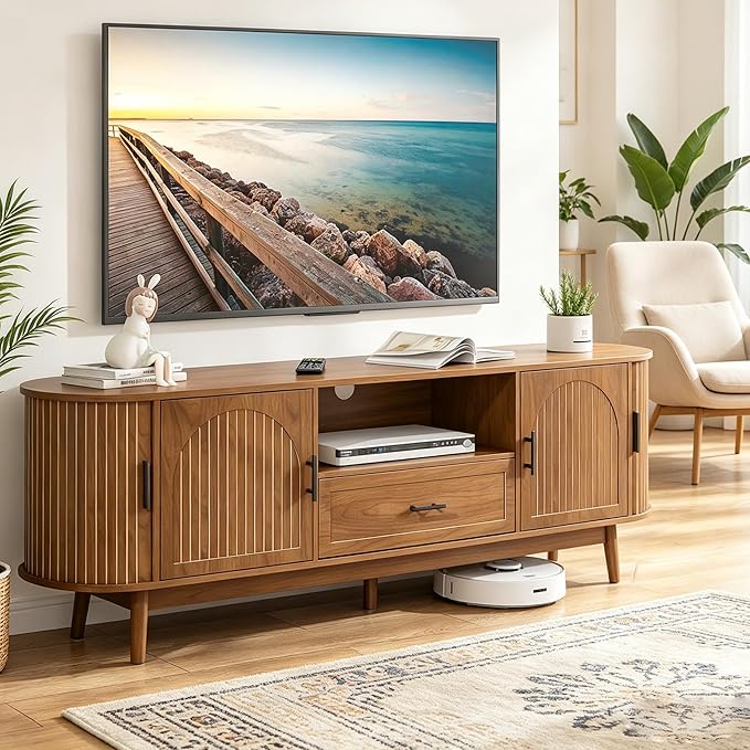 Mxtxmy 70" Fluted TV Stand for Tvs up to 80", Mid-Century Modern Entertainment Center with Drawers and Fluted Doors, Curved TV Media Console Table with Sliding Doors for Living Room, Bedroom (70")