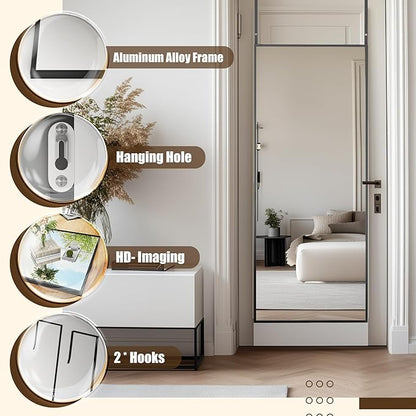 Antok Over The Door Mirror Full Length, 49'' x 14''Wall Mounted Hanging Mirror, Aluminum Alloy Frame, Shatterproof Glass, No Drill Installation for Bedroom, Closet, Bathroom, Dorm, Rect Corner,Black