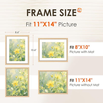FIXSMITH 11x14 Picture Frame 2 Pack, Photo Frame with HD Plexiglass, Display Pictures 8x10 with Mat or 11x14 Without Mat, Natural Picture Frames Collage Wall Decor, Gallary Wall Frame