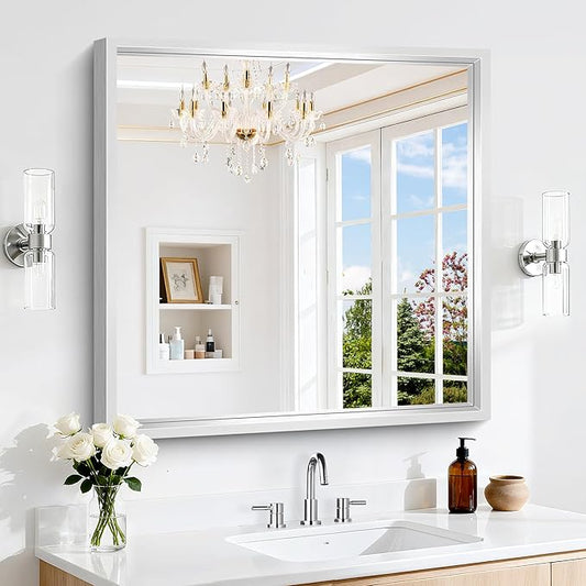 30 x 30 Silver Bathroom Mirror, Brushed Silver Square Mirror for Wall, 0.6" Thickened Deep Frame Mirrors for Bathroom Sink, Shatterproof Tempered Glass, Antirust, Horizontally or Vertically