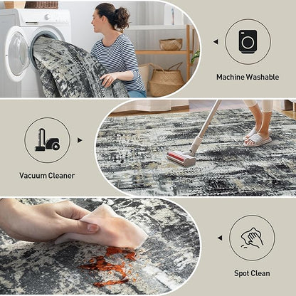 6x9 Area Rugs Washable Rug: Large Modern Abstract Living Room Rug Soft Anti-Skid Thin Carpet Indoor Floor Non-Shedding Carpets for Bedroom Dining Room Farmhouse Nursery Home Office Black Grey Gold