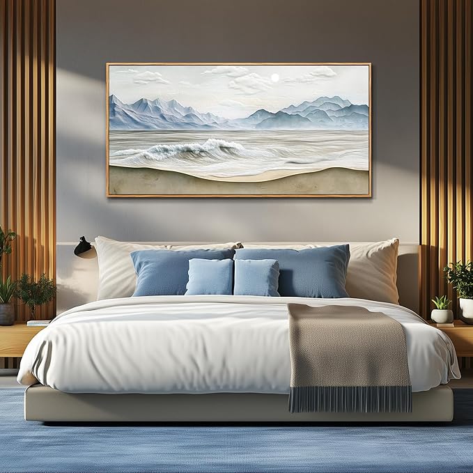 Wapluam Large Framed Canavs Wall Art,Ocean Wall Decor Living Room,Beach Pictures Wall Art,Nature Rustic Coastal Landscape Mountain Painting, Above Bed Wall Art, Sea Waves Artwork for Bedroom Bathroom