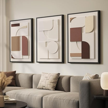 Large 3D Textured Framed Neutral Abstract Wall Art, Beige Brown Geometric Paintings Artwork for Walls, 3 Piece Modern Minimalist Earth Tone Pictures for Living Room Dining Bedroom Wall Decor 20x30 In