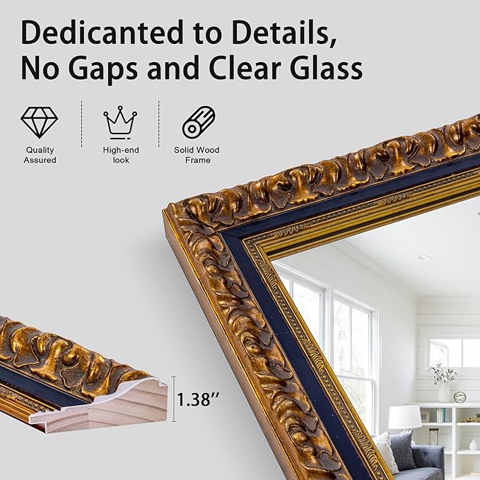 Chende Large Gold Mirror for Wall, 52''x28'' Decorative Wall Mirror with Ornate Carvings Wood Frame, Rectangle Vintage Mirror for Dining Room, Entryway, Bathroom, Living Room