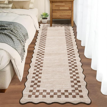 Washable Runner Rug 2x10 Modern Bordered Hallway Runner Rug Non Slip Kitchen Throw Carpet Checkered Bathroom Entryway Runner Rugs Low Pile Solid Area Rugs for Living Room Bedroom Nursery Sink, Beige