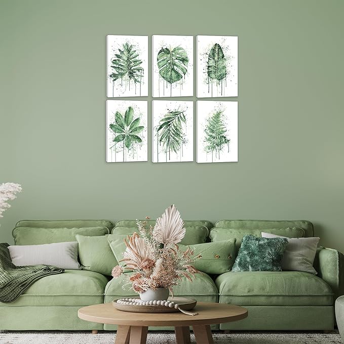 HoozGee Framed Sage Green Leaf Botanical Canvas Wall Art Prints Built-in Wooden Frame Boho Plant Wall Decor for Kitchen Bedroom Livingroom Bathroom Wall Decor (12"x16" FRAMED)