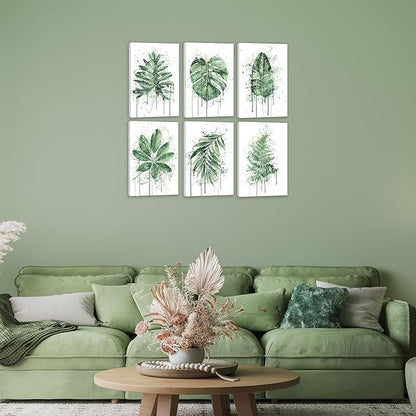 HoozGee Framed Sage Green Leaf Botanical Canvas Wall Art Prints Built-in Wooden Frame Boho Plant Wall Decor for Kitchen Bedroom Livingroom Bathroom Wall Decor (12"x16" FRAMED)
