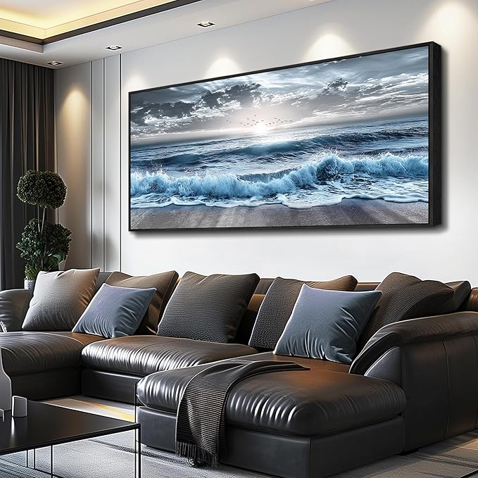 ERQINHUA Sunrise Ocean Seascape Wall Pictures Large Canvas Wall Decor For Bedroom Wall Art For Living Room Office Decor Blue Beach Sea Wave Paintings Artwork Modern Home Decor Black Framed 32x72 In