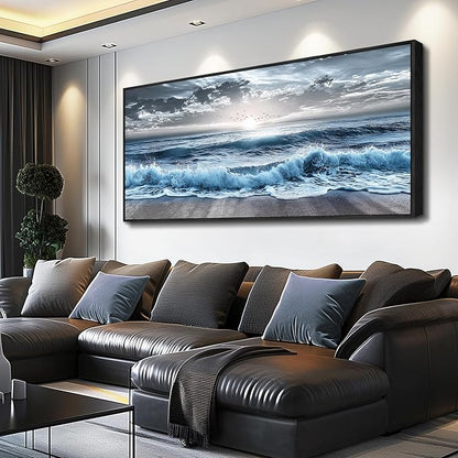 ERQINHUA Sunrise Ocean Seascape Wall Pictures Large Canvas Wall Decor For Bedroom Wall Art For Living Room Office Decor Blue Beach Sea Wave Paintings Artwork Modern Home Decor Black Framed 32x72 In