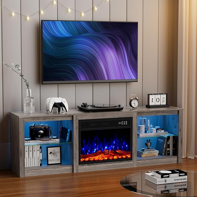 Kucreiheat 70'' TV Stand with 23'' Fireplace-Entertainment Center with LED Light for 75 inch TV-Grey Fireplace Stand with Adjustable Glass Shelves, Modern TV Console for Living Room/Bedroom