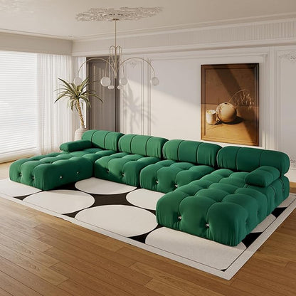138'' Modular Green Sectional Couch, U-Shaped Velvet Sofa with Reversible Chaise Ottoman, Minimalist 6-Seat Bubble Sofa, Modern Cloud Sectional Couches for Living Room, Apartment (6 Seats,Green)