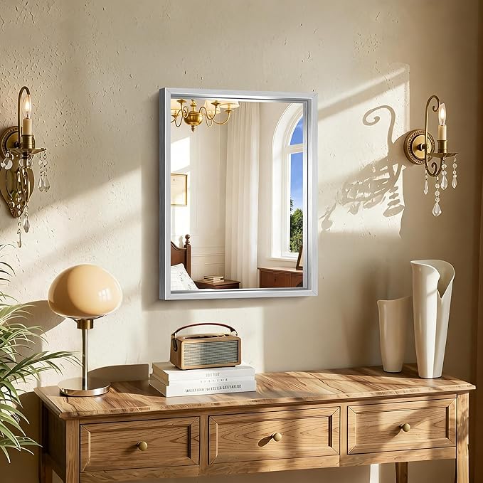 CIRCUMI 18"x24" Silver Mirror with Chunky Box Metal Frame, Brushed Finish Rectangular Bathroom Mirrors for Over Sink, Living Room, Entryway, Tempered Glass Mirror for Wall, Vertical or Horizontal