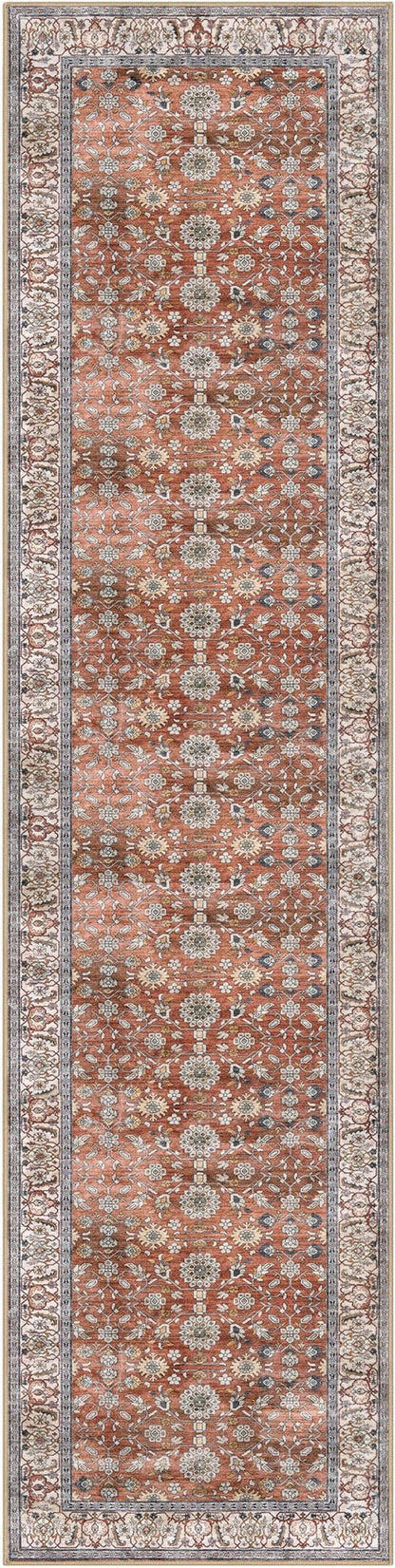 KUTA Vintage Washable Runner Rug, 2x8 Red Clay Runners for Hallways Non-Slip Kitchen Rugs Ultra Thin Soft Printed Distressed Oriental Floral Floor Carpet for Laundry Bedroom Living Room Nursery