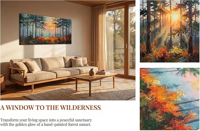Ardemy Sunset Pines Wall Art Hand-Painted Texture Forest Canvas Painting Sunrise Picture 40"x20" Large Nature Artwork for Living Room Bedroom Office Farmhouse Decor