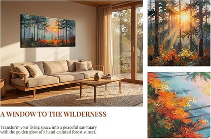 Ardemy Sunset Pines Wall Art Hand-Painted Texture Forest Canvas Painting Sunrise Picture 40"x20" Large Nature Artwork for Living Room Bedroom Office Farmhouse Decor