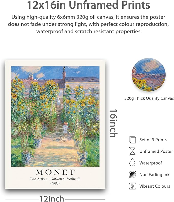 HesenDot Unframed Claude Monet Posters Set of 3, 12x16in Vintage Landscape Canvas Prints, Impressionism Paintings Wall Decoration for Living Room Bedroom Gallery Office Home