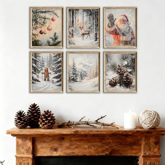 WINDVALE Christmas Wall Art Prints –Vintage Holiday Posters with Santa Claus, Reindeer, Rustic Winter Scene Wall Decor for Living Room, Bedroom, Fireplace & Entryway (8x10 Unframed)