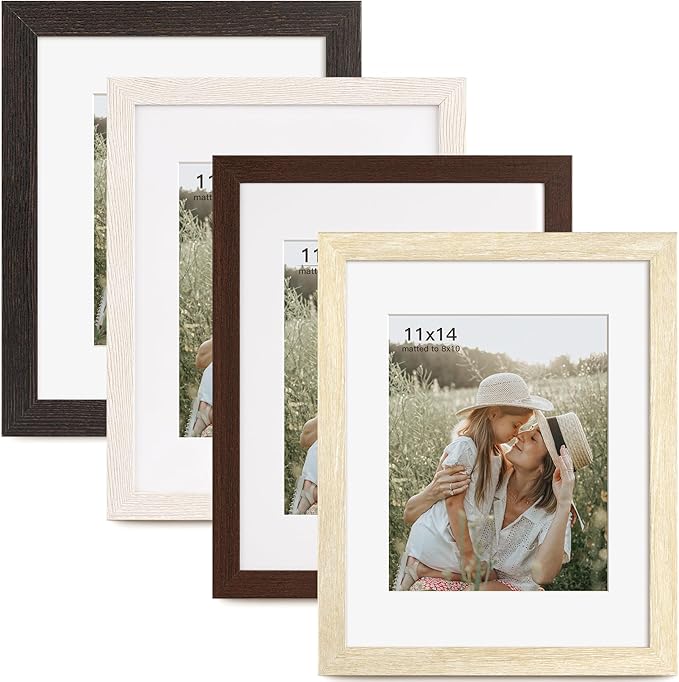 Momentworth 11x14 Picture Frame with Mat for 8x10 Set of 4, Multicolour Wood Grain 11 x 14 Gallery Wall Picture Frames for Wall Mounting(4 Pack, Multicolour)