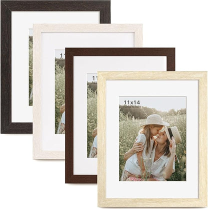 Momentworth 11x14 Picture Frame with Mat for 8x10 Set of 4, Multicolour Wood Grain 11 x 14 Gallery Wall Picture Frames for Wall Mounting(4 Pack, Multicolour)