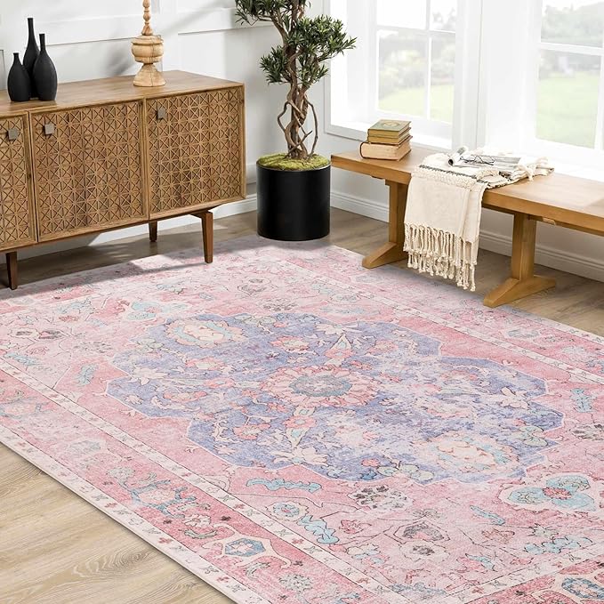 Sofrug Area Rug 6x9 - Vintage Honeycomb Non Slip Backing Carpet - Ocean Pink Mixed Softer Thicker Faux Wool Rug - Foldable & Machine Washable Rugs for Living Room Bedroom Dining Room Home Office