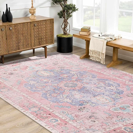 Sofrug Area Rug 6x9 - Vintage Honeycomb Non Slip Backing Carpet - Ocean Pink Mixed Softer Thicker Faux Wool Rug - Foldable & Machine Washable Rugs for Living Room Bedroom Dining Room Home Office