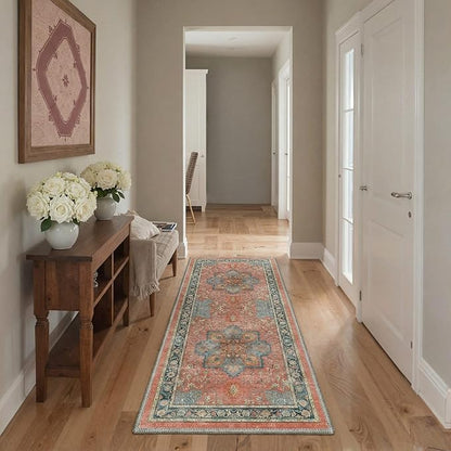 GENIMO 8x10 Area Rugs for Living Room, Machine Washable Rug, Non Slip Indoor Vintage Carpet, Low Pile Lightweight Chenille Print Carpet for Bedroom Dining Room Home Office, Dusty Terracotta
