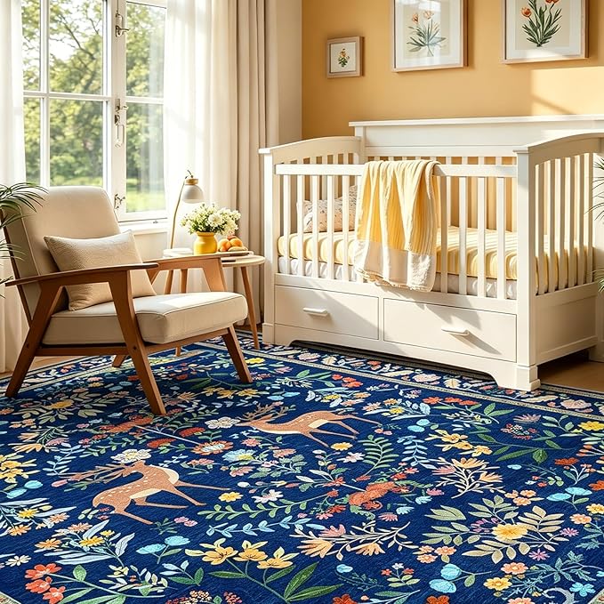 5x7 Blue Rugs for Living Room, Stain Resistant Non Slip Area Rug for Dining Room, Bedroom Floral Décor Indoor Carpet, Low Pile & Soft