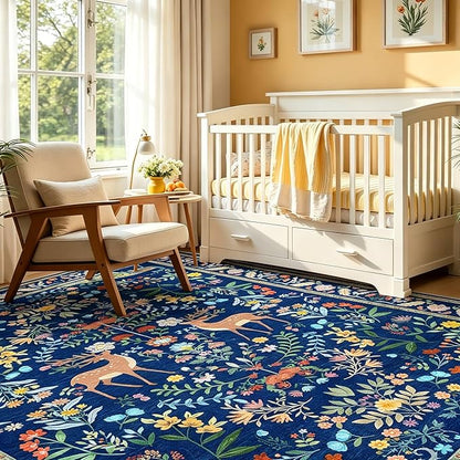 5x7 Blue Rugs for Living Room, Stain Resistant Non Slip Area Rug for Dining Room, Bedroom Floral Décor Indoor Carpet, Low Pile & Soft