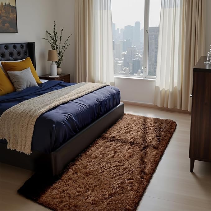 Soft Runner Rugs for Bedroom, Brown 2x6 Area Rugs Fluffy Rug Shag Area Rug Carpet, Bedside Rug for Living Room Bedroom Kids Room Home Decor