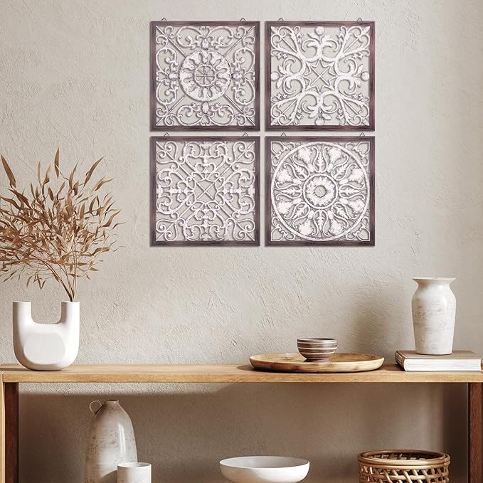 Tatuo 4 Pcs Wood Art Wall Decor Farmhouse Decorative Wood Panels Modern Wall Decor for Living Room Home Kitchen Dining Room(Square,Brown, White)
