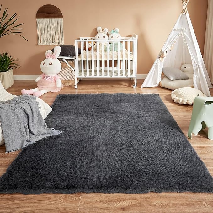 Floralux 5x7 Large Shag Area Rugs for Living Room, Bedroom, Dark Grey Soft Fluffy Shaggy Bedside Rug, Indoor Floor Carpet for Kids Girls and Boys