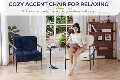 MAXYOYO Living Room Accent Chair, Modern Chair with Sturdy Metal Frame & Wood Armrests, Upholstered Reading Chair with Upholstered Cushion for Bedroom Balcony Porch, Navy