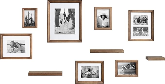Kate and Laurel Bordeaux Gallery Wall Frame and Shelf Kit, Set of 10, Natural, Assorted Size Frames with Wood Finish and Three Display Shelves Included