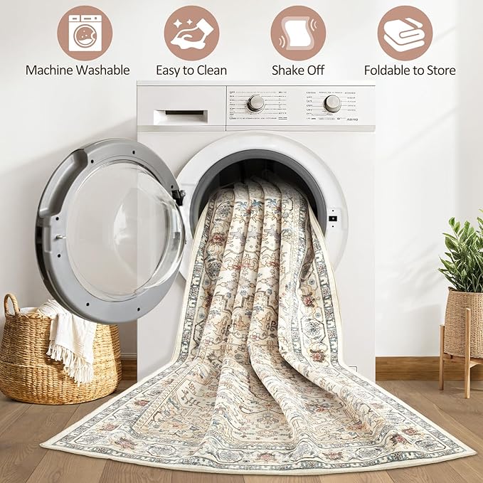 5x8Ft Area Rug Living Room: Washable Boho Large Neutral Vintage Soft Rugs Stain Resistant Farmhouse Non Slip Indoor Floor Carpet for Bedroom Nursery Kids Playroom Office Dining Room- Cream Blue