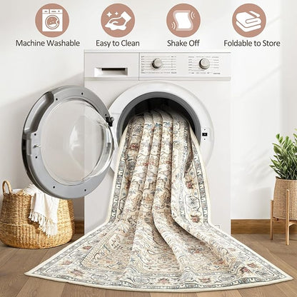 5x8Ft Area Rug Living Room: Washable Boho Large Neutral Vintage Soft Rugs Stain Resistant Farmhouse Non Slip Indoor Floor Carpet for Bedroom Nursery Kids Playroom Office Dining Room- Cream Blue
