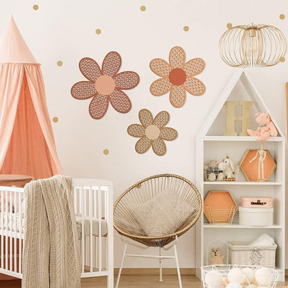 Maitys 3 Pieces Boho Daisy Wall Decor Natural Rattan Flower Wall Hanging Art Wooden Boho Art Nursery Flowers Farmhouse Hanging Decor for Home Office Nursery(Fresh Color)