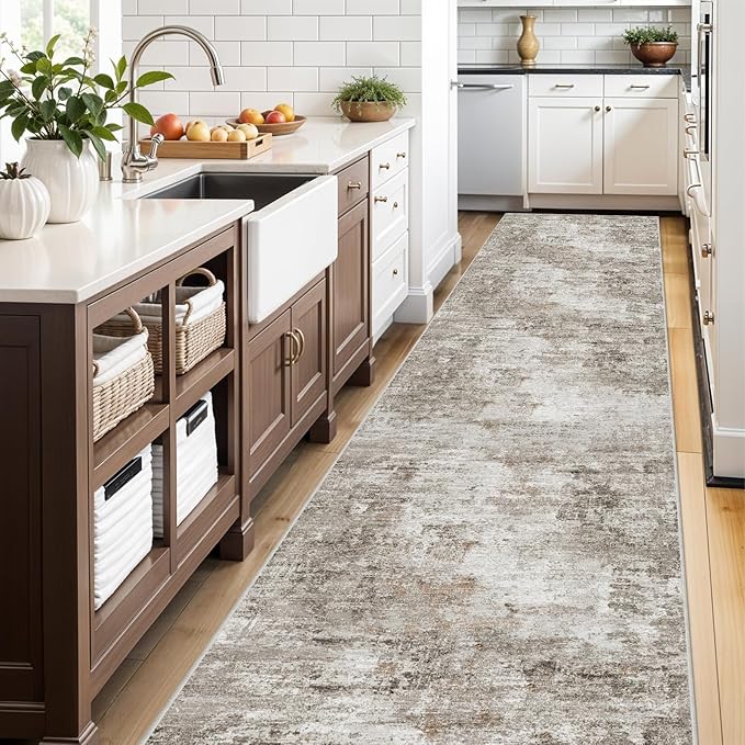3x20 Extra Long Hallway Runner Rug – Non-Slip Washable Stain-Resistant 20 Ft Carpet for Kitchen & Entryway, Low-Pile Thin Modern Abstract Wide Floor Runner with Rubber Backing (Beige Grey)