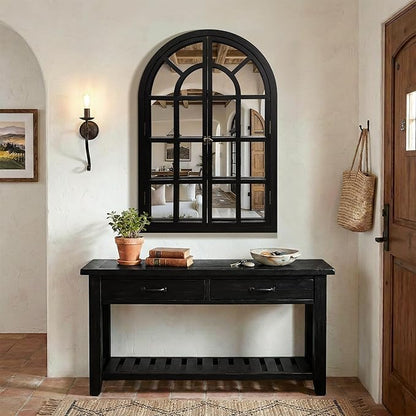 TRAHOME Arched Windowpane Mirror, 26"x38" Black Wood Frame Rustic Farmhouse Wall Mirror, Vintage Decorative Window Mirror for Living Room, Entryway, Bathroom
