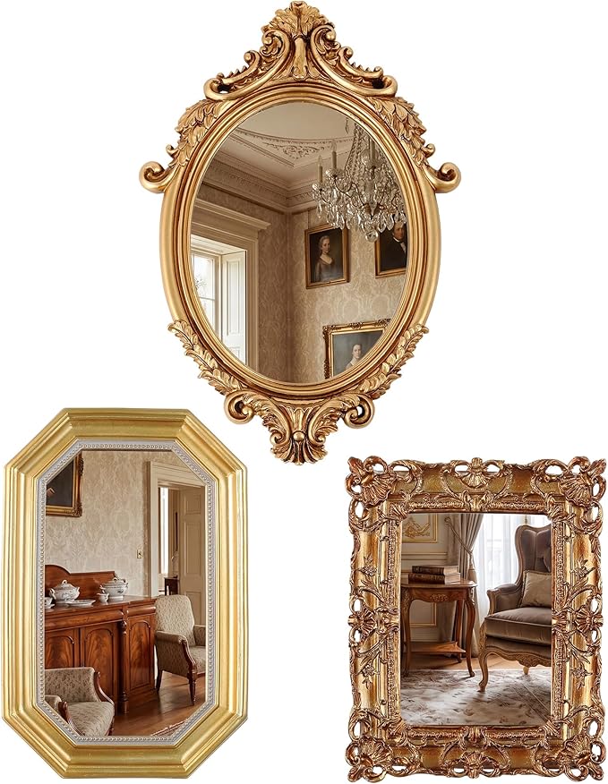 3 Styles Vintage Gold Mirror Set Wall Decorative, Vintage Wall Mirror Antique Hanging and Tabletop with Stand for Living Room Bedroom Dresser, Classic Home Wedding Decor(Court Baroque Style)
