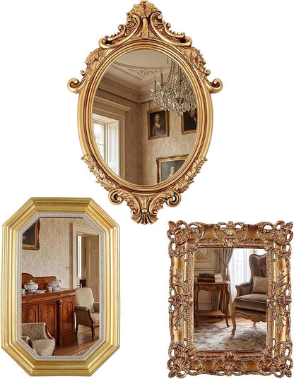 3 Styles Vintage Gold Mirror Set Wall Decorative, Vintage Wall Mirror Antique Hanging and Tabletop with Stand for Living Room Bedroom Dresser, Classic Home Wedding Decor(Court Baroque Style)