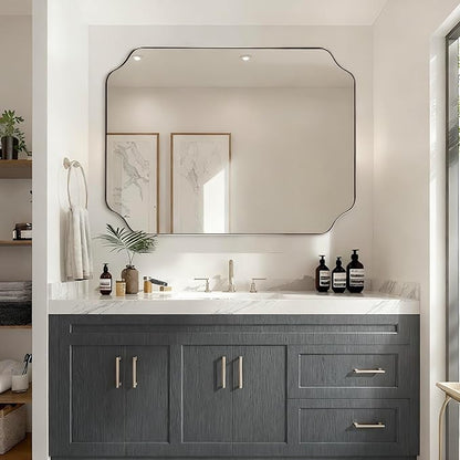 ANDY STAR 36x48 Inch Brushed Nickel Rectangle Mirror, Large Scalloped Bathrom Mirror for Wall, Rounded Notched Corner Designed, Anti-Rust Stainless Steel 1" Frame, Hangs Vertically/Horizontally